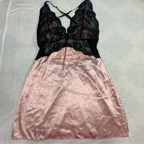 Dresses | Pink And Black Lace Panel Mini Slip Dress | Poshmark